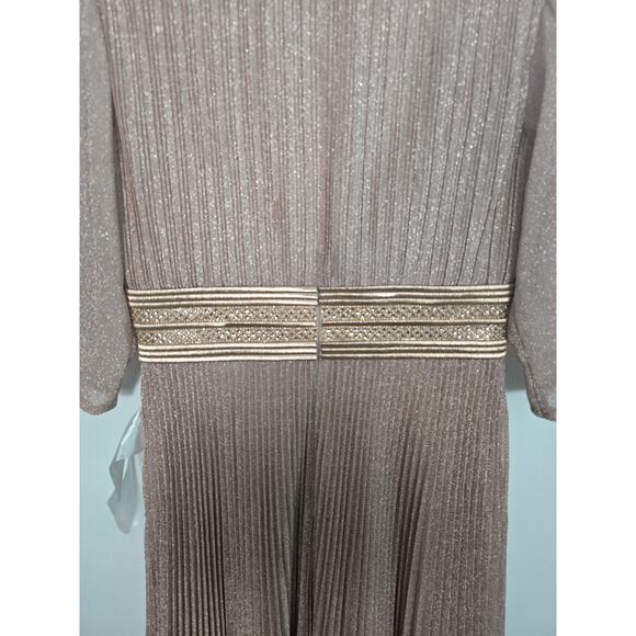 Mac Duggal Rose Gold Metallic Pleated Midi Dress Embellished Waist 3/4 Sleeve - Picture 11 of 11